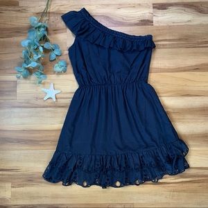 Kas New York Women’s Navy Blue One Shoulder Eyelet Ruffle Dress, Size Medium